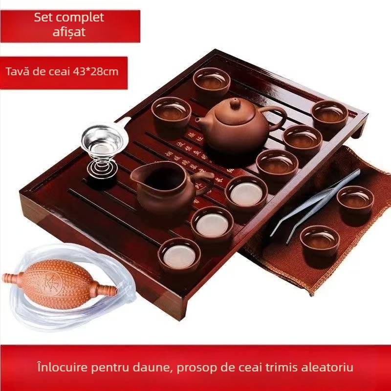 Set complet de ceai din lut Zisha pentru casă și birou — cești ceramice, ceainic, fierbător, ceremonie Kung Fu, tavă de lemn pentru ceai