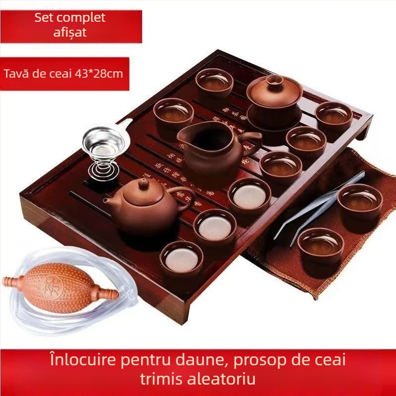 Set complet de ceai din lut Zisha pentru casă și birou — cești ceramice, ceainic, fierbător, ceremonie Kung Fu, tavă de lemn pentru ceai