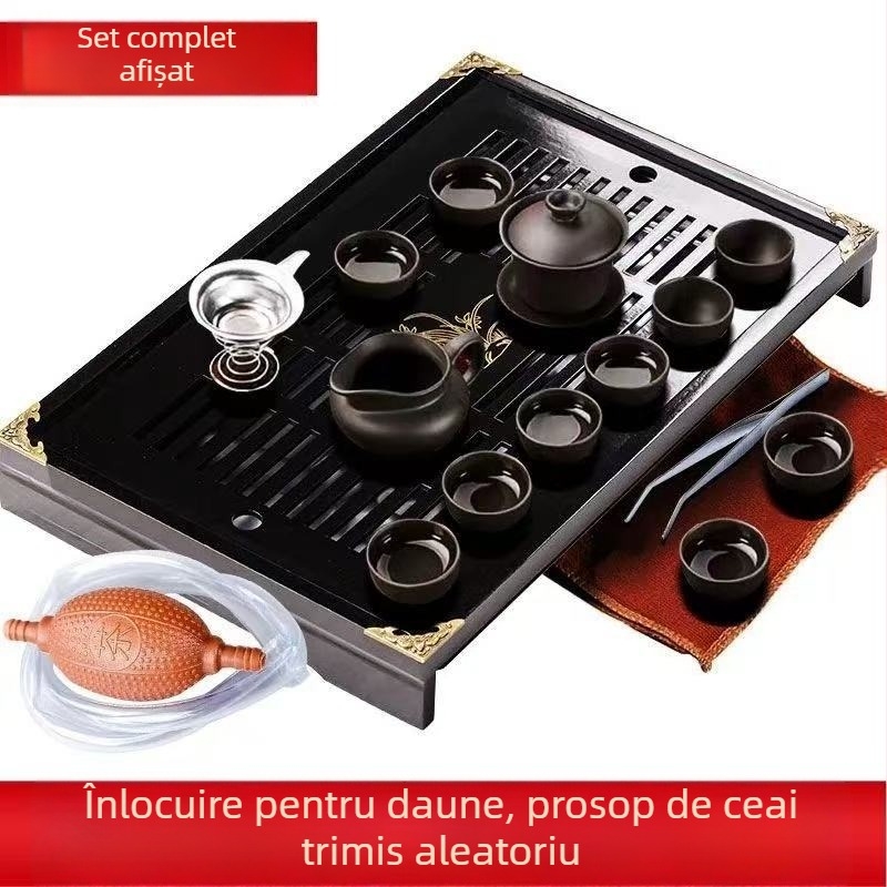 Set complet de ceai din lut Zisha pentru casă și birou — cești ceramice, ceainic, fierbător, ceremonie Kung Fu, tavă de lemn pentru ceai