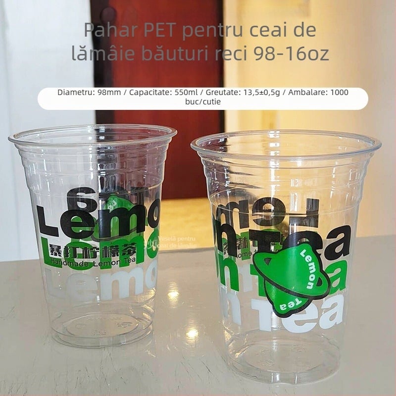 Pahare PET pentru ceai cu lămâie, cu capac, de unică folosință, pentru uz comercial, cu personalizare a logo-ului