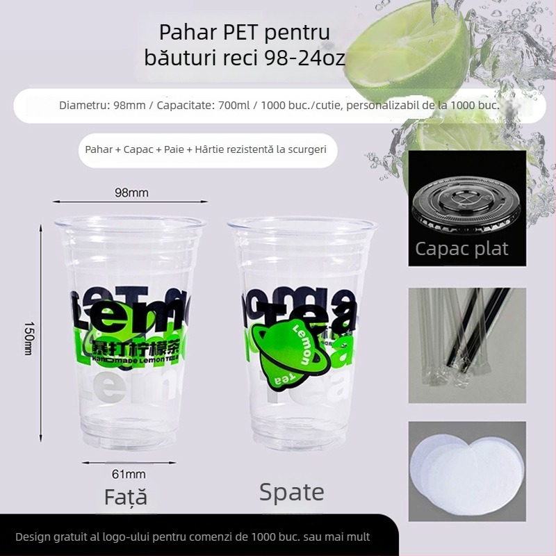 Pahare PET pentru ceai cu lămâie, cu capac, de unică folosință, pentru uz comercial, cu personalizare a logo-ului