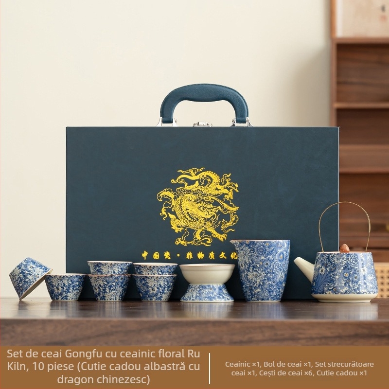 Set de ceai din porțelan, stil antic Kung Fu, pentru uz casnic — gaiwan minimalist, ceainic și cești, set complet într-o cutie cadou premium