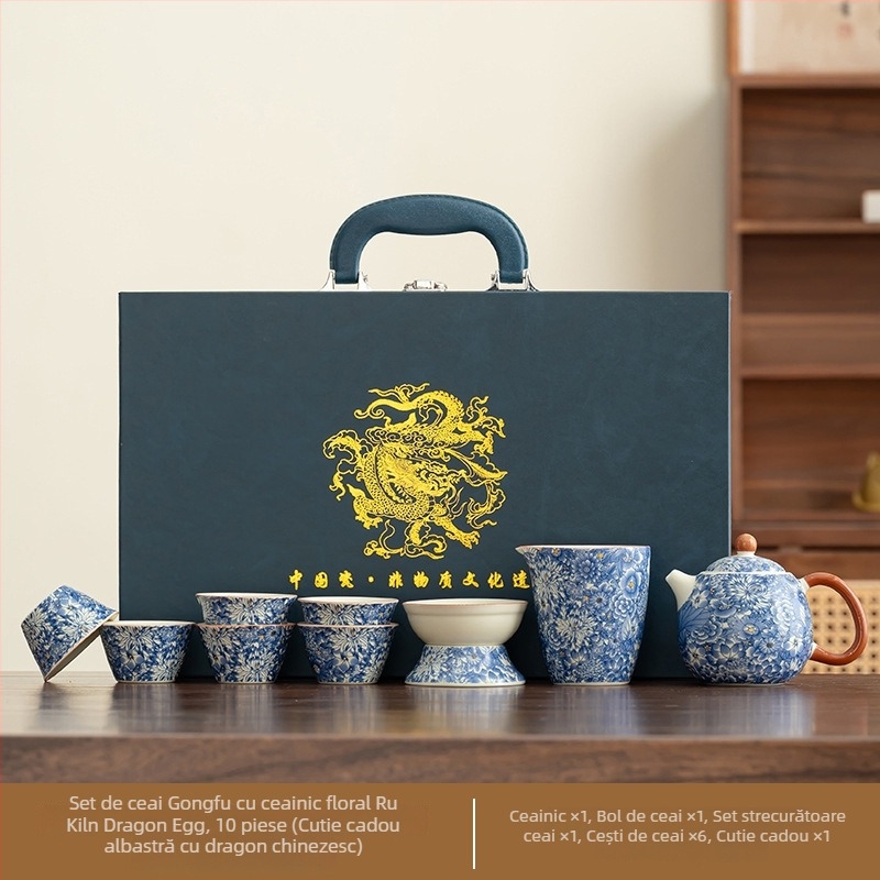 Set de ceai din porțelan, stil antic Kung Fu, pentru uz casnic — gaiwan minimalist, ceainic și cești, set complet într-o cutie cadou premium