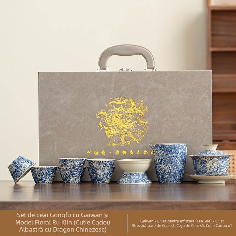 Set de ceai din porțelan, stil antic Kung Fu, pentru uz casnic — gaiwan minimalist, ceainic și cești, set complet într-o cutie cadou premium