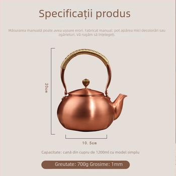 Ceainic din cupru pur pentru fierberea apei și infuzarea ceaiului, capacitate mare, semi-artizanal, stil retro, potrivit pentru plită ceramică electrică
