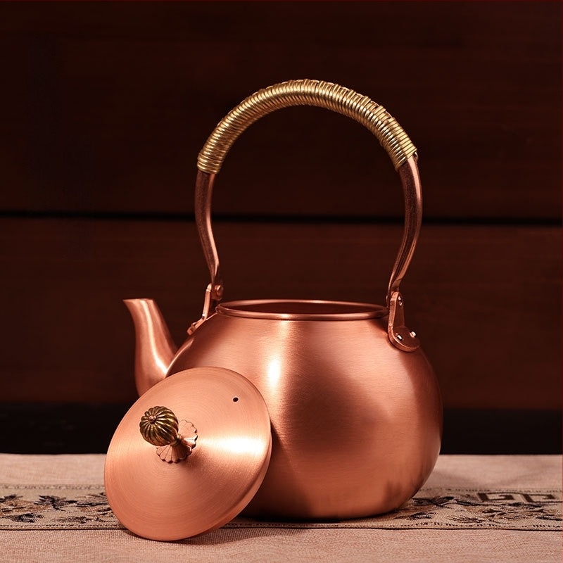 Ceainic din cupru pur pentru fierberea apei și infuzarea ceaiului, capacitate mare, semi-artizanal, stil retro, potrivit pentru plită ceramică electrică