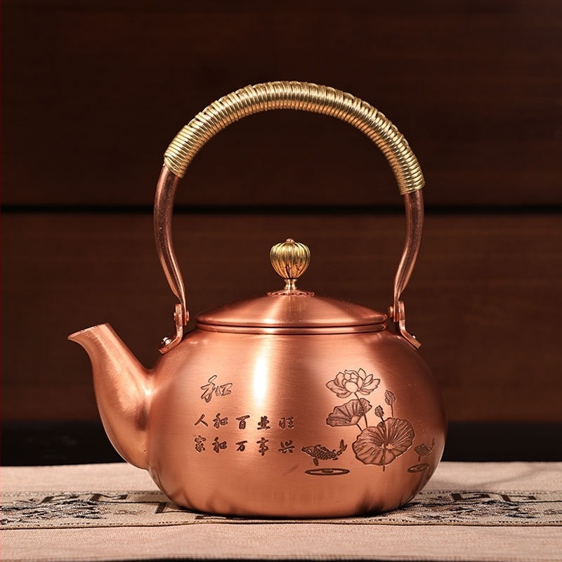 Ceainic din cupru pur pentru fierberea apei și infuzarea ceaiului, capacitate mare, semi-artizanal, stil retro, potrivit pentru plită ceramică electrică