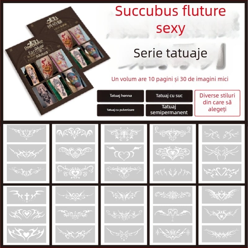 Album de tatuaje cu șablon decupat Succubus, designuri cu pulverizare îngroșate — fluture, inimă, acoperire a defectelor; claviculă, partea inferioară a spatelui, abdomen inferior; unisex