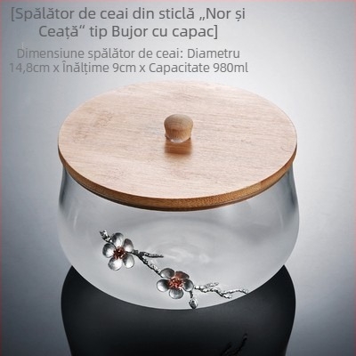 Vas mare din sticlă rezistentă la temperaturi, cu capac, pentru curățarea tacâmurilor de ceai, pahare și boluri