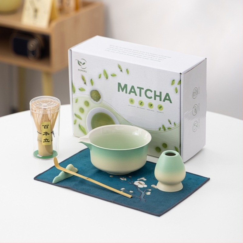 Set pentru ceremonia ceaiului în stil chinezesc cu bol de matcha în gradient, perie pentru ceai și amestecător, ceramică personalizabilă