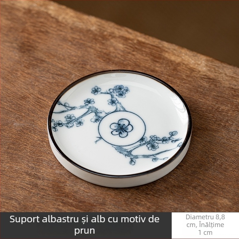 Accesorii ceramice pentru ceremonia ceaiului, stil albastru-alb: suporturi pentru cești, suport pentru capac, covorașe pentru ceai și suport pentru ceainic