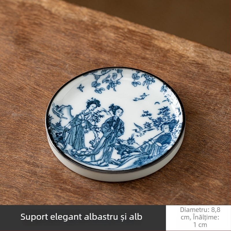 Accesorii ceramice pentru ceremonia ceaiului, stil albastru-alb: suporturi pentru cești, suport pentru capac, covorașe pentru ceai și suport pentru ceainic