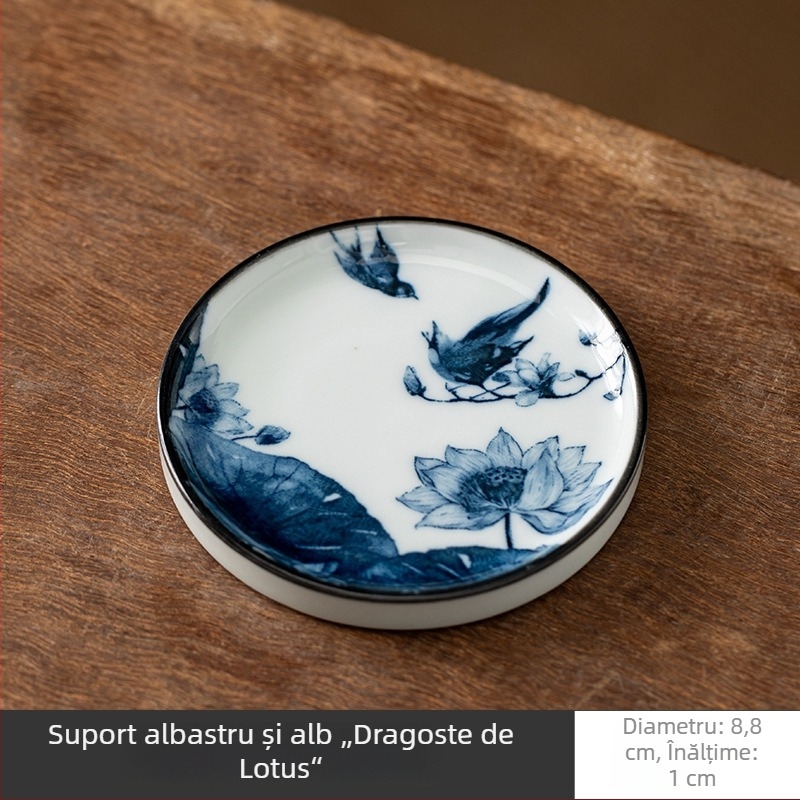 Accesorii ceramice pentru ceremonia ceaiului, stil albastru-alb: suporturi pentru cești, suport pentru capac, covorașe pentru ceai și suport pentru ceainic
