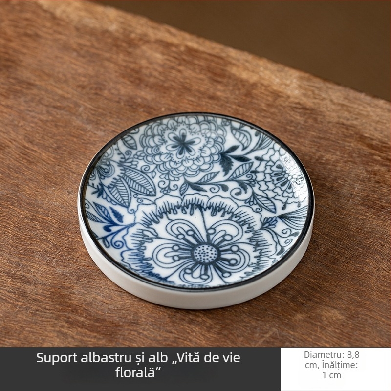 Accesorii ceramice pentru ceremonia ceaiului, stil albastru-alb: suporturi pentru cești, suport pentru capac, covorașe pentru ceai și suport pentru ceainic