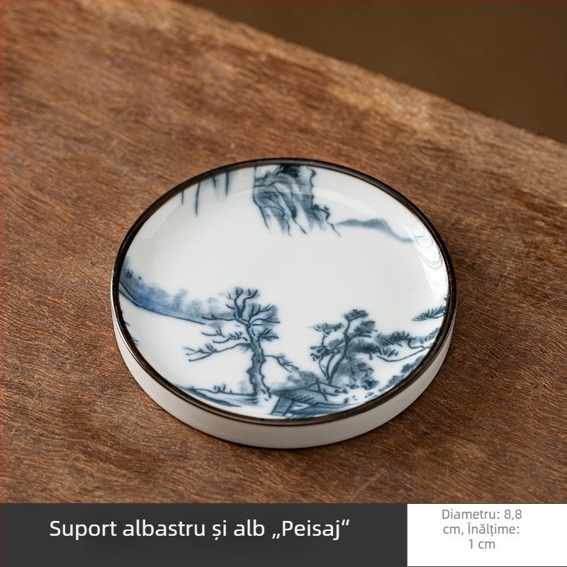 Accesorii ceramice pentru ceremonia ceaiului, stil albastru-alb: suporturi pentru cești, suport pentru capac, covorașe pentru ceai și suport pentru ceainic