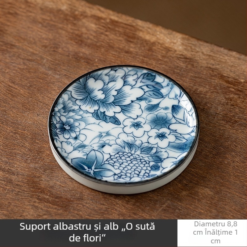 Accesorii ceramice pentru ceremonia ceaiului, stil albastru-alb: suporturi pentru cești, suport pentru capac, covorașe pentru ceai și suport pentru ceainic