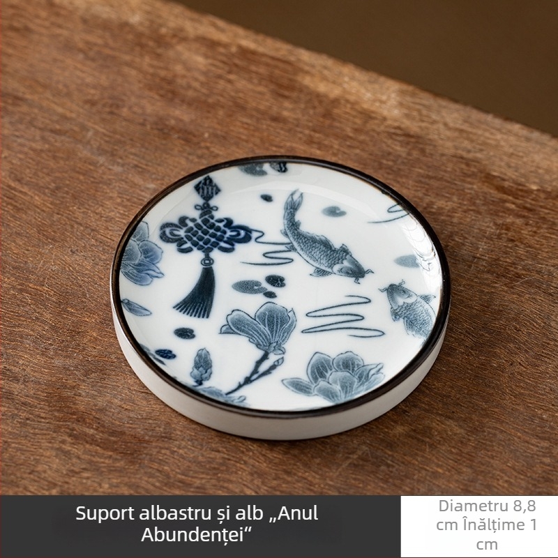Accesorii ceramice pentru ceremonia ceaiului, stil albastru-alb: suporturi pentru cești, suport pentru capac, covorașe pentru ceai și suport pentru ceainic