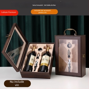 Cutie cadou din lemn lacuit pentru vin, pentru două sticle, cu mâner (goală)