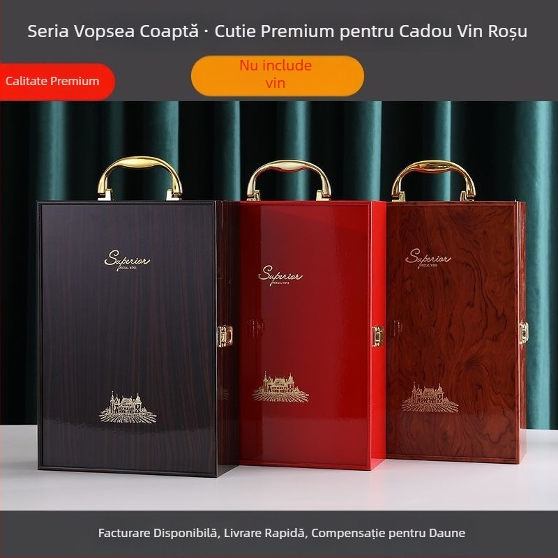 Cutie cadou din lemn lacuit pentru vin, pentru două sticle, cu mâner (goală)