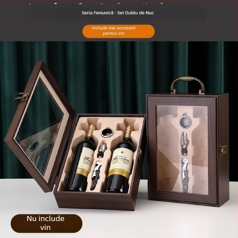 Cutie cadou din lemn lacuit pentru vin, pentru două sticle, cu mâner (goală)