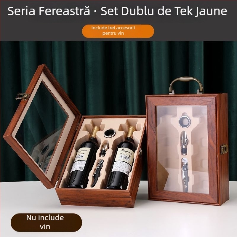 Cutie cadou din lemn lacuit pentru vin, pentru două sticle, cu mâner (goală)
