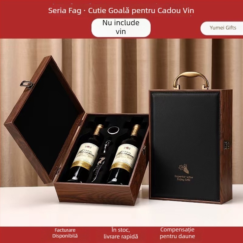 Cutie cadou din lemn lacuit pentru vin, pentru două sticle, cu mâner (goală)