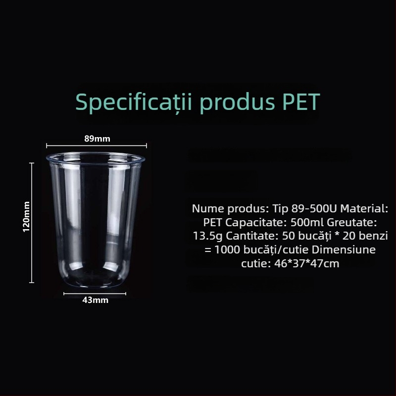 Cupe PET de unică folosință pentru ceai cu lapte, formă în U, diametru 90 mm