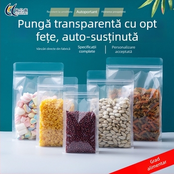 Pungă transparentă cu opt laturi, de tip stand-up, resigilabilă, groasă, pentru ambalarea gustărilor și a nucilor