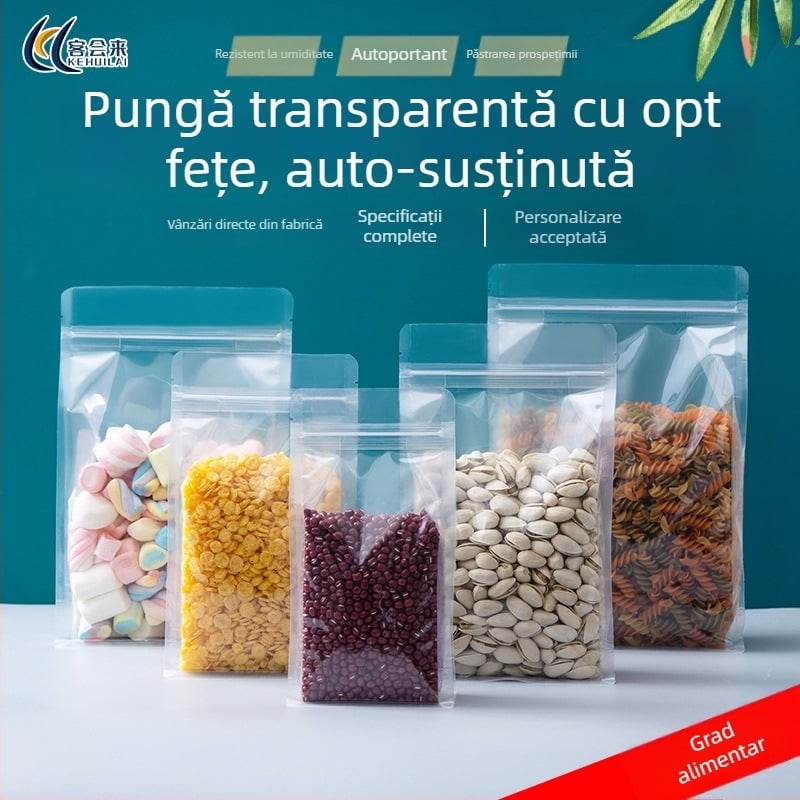 Pungă transparentă cu opt laturi, de tip stand-up, resigilabilă, groasă, pentru ambalarea gustărilor și a nucilor