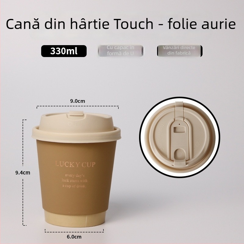 Pahar de cafea de unică folosință cu capac, imprimare aurie pe hârtie groasă, 400 ml pentru băuturi calde
