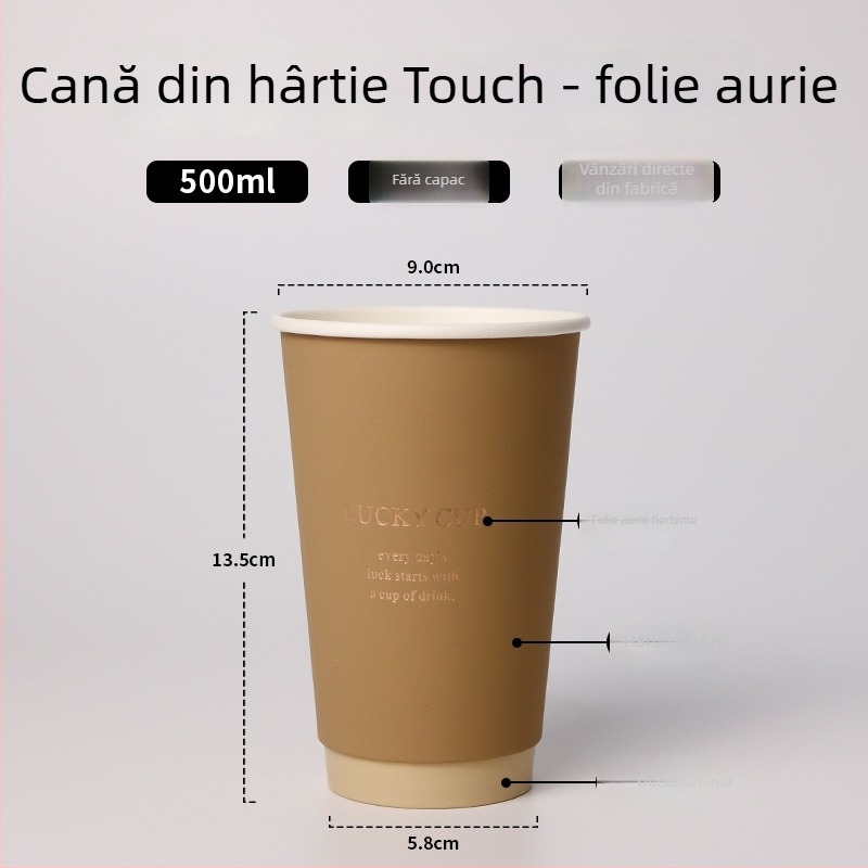 Pahar de cafea de unică folosință cu capac, imprimare aurie pe hârtie groasă, 400 ml pentru băuturi calde