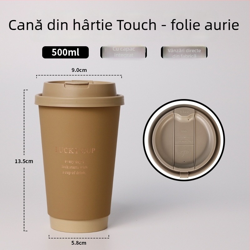Pahar de cafea de unică folosință cu capac, imprimare aurie pe hârtie groasă, 400 ml pentru băuturi calde