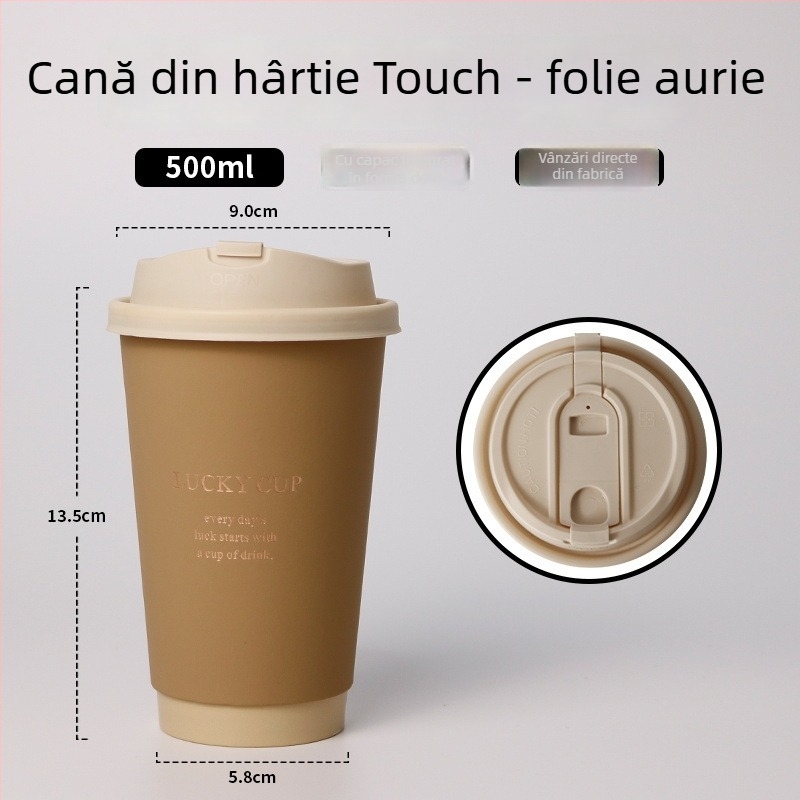 Pahar de cafea de unică folosință cu capac, imprimare aurie pe hârtie groasă, 400 ml pentru băuturi calde