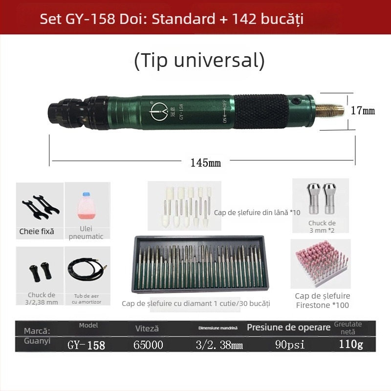 Polizor pneumatic cu creion — șlefuire, lustruire și debavurare, viteză înaltă