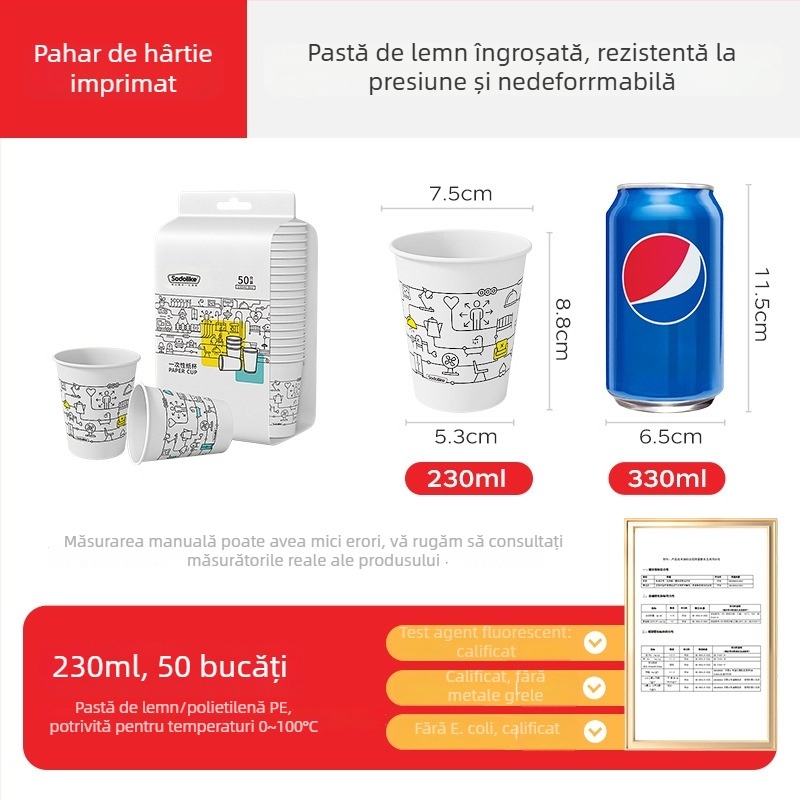 Cani de hârtie de unică folosință, îngroșate, pentru uz casnic și birou, pentru băuturi fierbinți și reci, ceai cu lapte, 250 ml, pachet de 100 bucăți