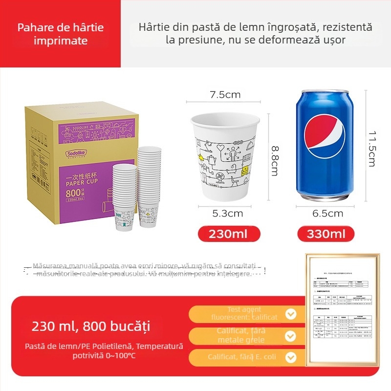 Cani de hârtie de unică folosință, îngroșate, pentru uz casnic și birou, pentru băuturi fierbinți și reci, ceai cu lapte, 250 ml, pachet de 100 bucăți
