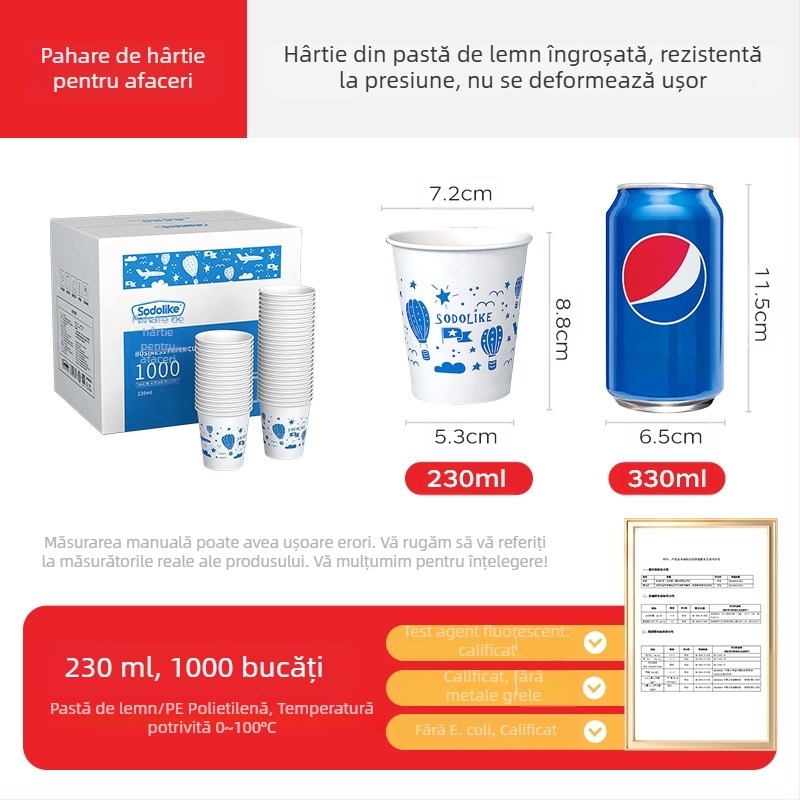 Cani de hârtie de unică folosință, îngroșate, pentru uz casnic și birou, pentru băuturi fierbinți și reci, ceai cu lapte, 250 ml, pachet de 100 bucăți