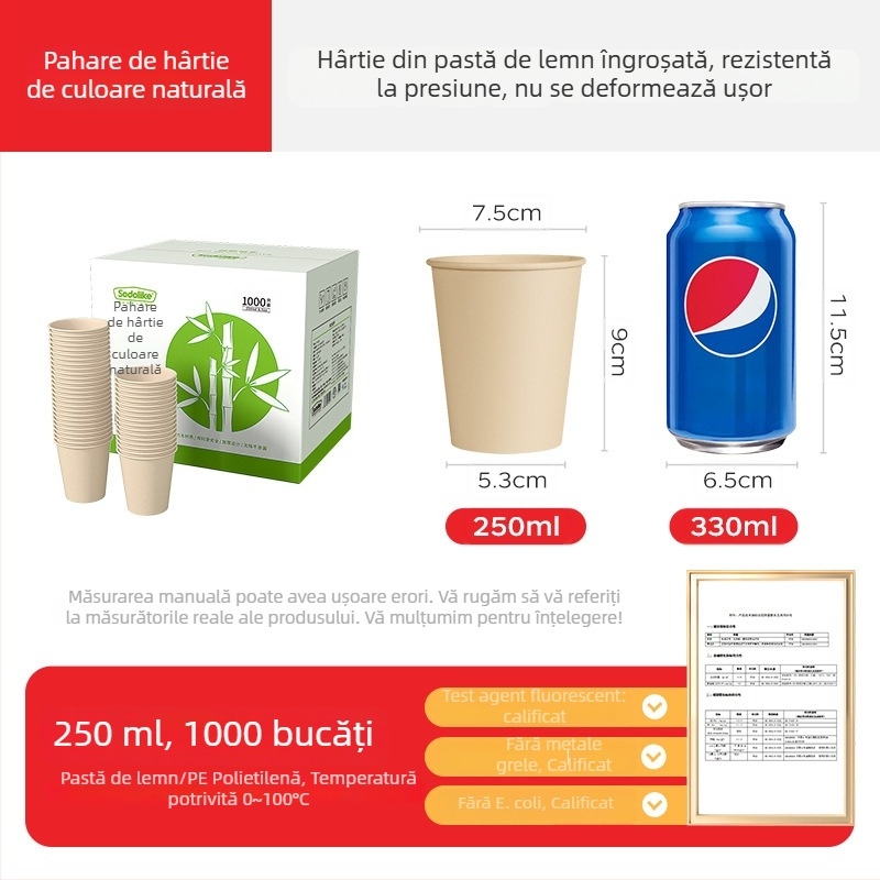 Cani de hârtie de unică folosință, îngroșate, pentru uz casnic și birou, pentru băuturi fierbinți și reci, ceai cu lapte, 250 ml, pachet de 100 bucăți