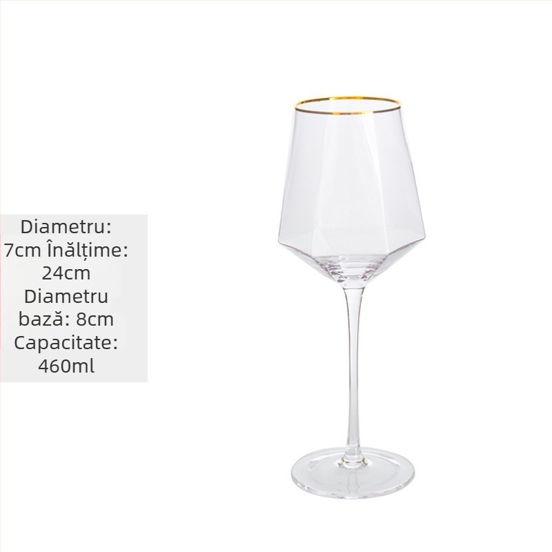 Pahar de vin din cristal cu design hexagonal diamantat, margine aurită, transparent, 301–400 ml, stil modern minimalist