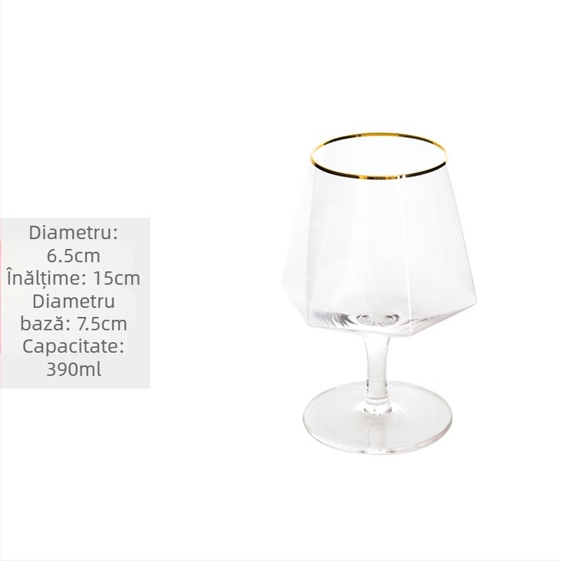 Pahar de vin din cristal cu design hexagonal diamantat, margine aurită, transparent, 301–400 ml, stil modern minimalist