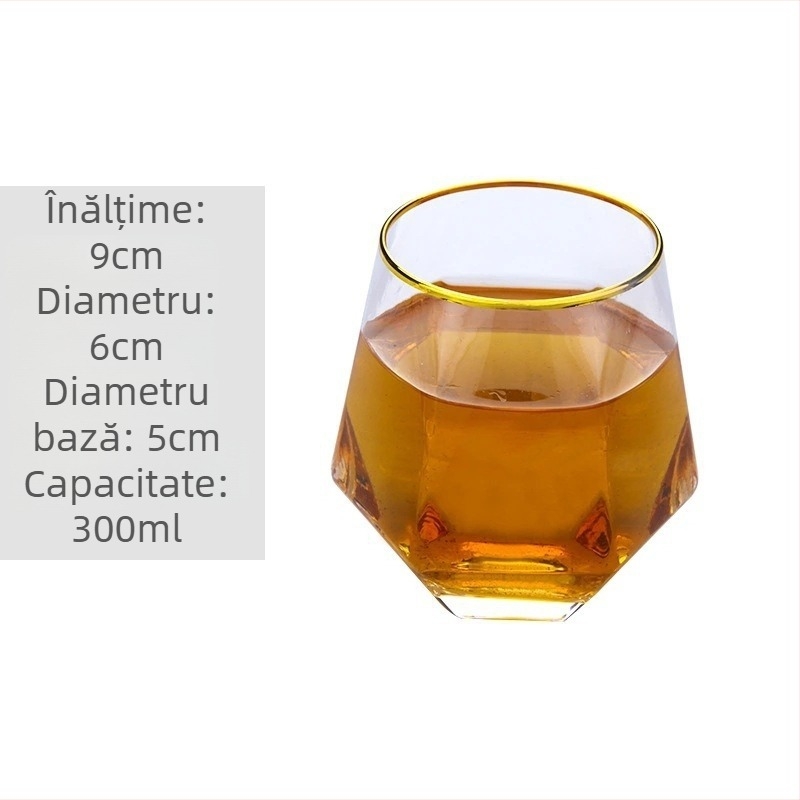 Pahar de vin din cristal cu design hexagonal diamantat, margine aurită, transparent, 301–400 ml, stil modern minimalist
