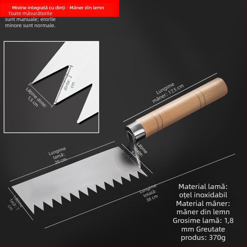Set de unelte din oțel inoxidabil pentru tencuit, cu mistrie integrată, cuțit pentru tencuit, cuțit pentru chit, lopată zidărie și răzuitor de vopsea, model E18