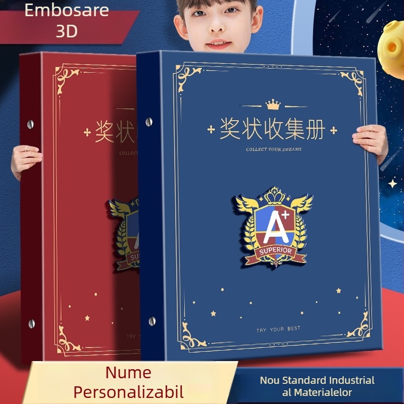 A4 Album de certificate în stil britanic pentru băieți, cu nume personalizabil, album de desene pentru școala primară, pentru montat pe perete și expunerea certificatelor de onoare