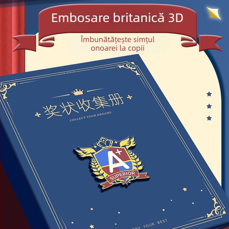 A4 Album de certificate în stil britanic pentru băieți, cu nume personalizabil, album de desene pentru școala primară, pentru montat pe perete și expunerea certificatelor de onoare