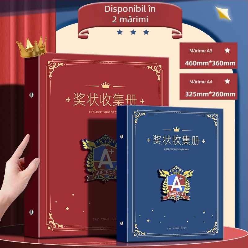 A4 Album de certificate în stil britanic pentru băieți, cu nume personalizabil, album de desene pentru școala primară, pentru montat pe perete și expunerea certificatelor de onoare