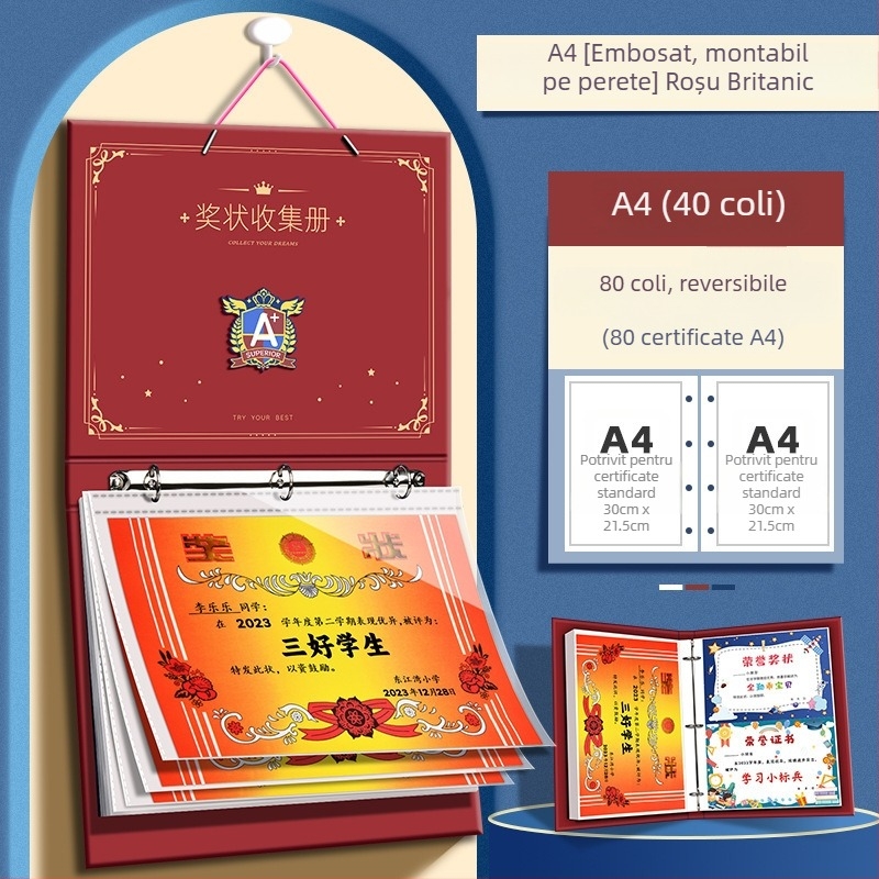A4 Album de certificate în stil britanic pentru băieți, cu nume personalizabil, album de desene pentru școala primară, pentru montat pe perete și expunerea certificatelor de onoare