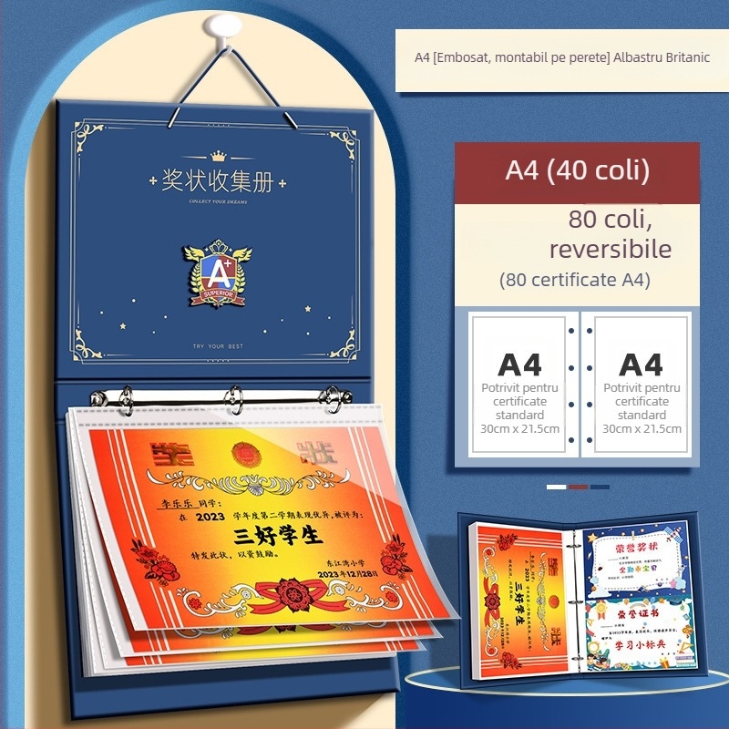 A4 Album de certificate în stil britanic pentru băieți, cu nume personalizabil, album de desene pentru școala primară, pentru montat pe perete și expunerea certificatelor de onoare
