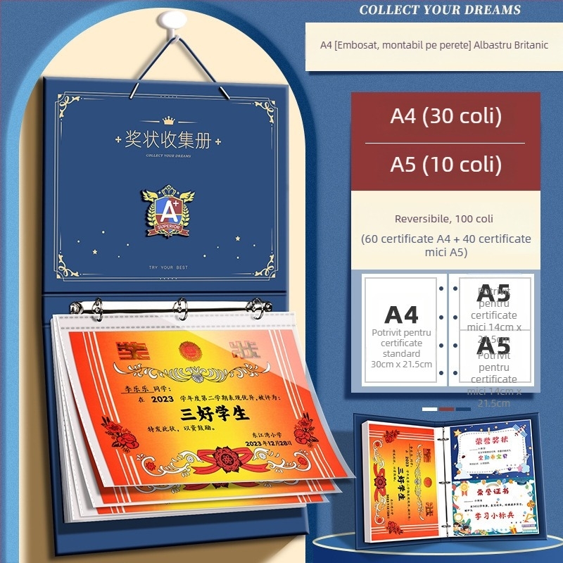 A4 Album de certificate în stil britanic pentru băieți, cu nume personalizabil, album de desene pentru școala primară, pentru montat pe perete și expunerea certificatelor de onoare