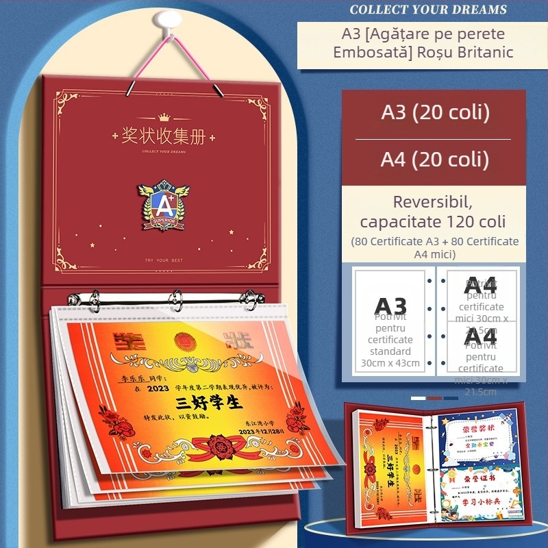A4 Album de certificate în stil britanic pentru băieți, cu nume personalizabil, album de desene pentru școala primară, pentru montat pe perete și expunerea certificatelor de onoare
