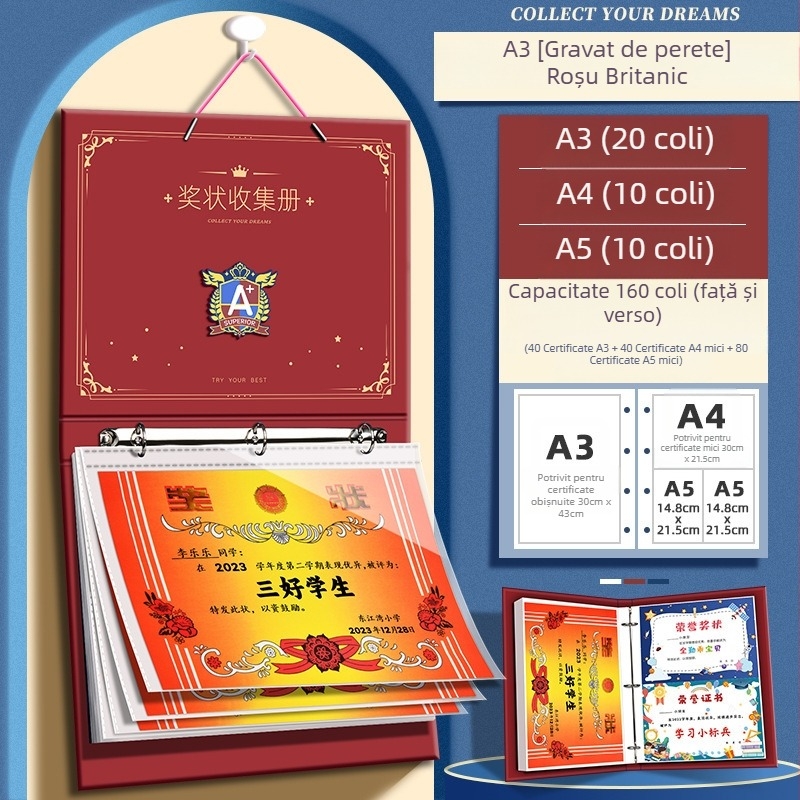 A4 Album de certificate în stil britanic pentru băieți, cu nume personalizabil, album de desene pentru școala primară, pentru montat pe perete și expunerea certificatelor de onoare